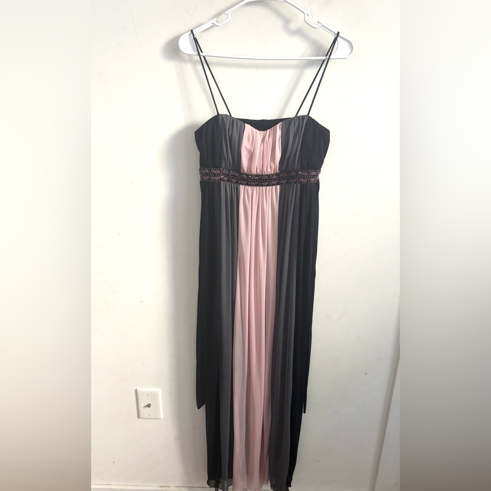 Black & Pink Chiffon Empire Waist Dress L Spaghetti Strap Pleated Midi Beaded
